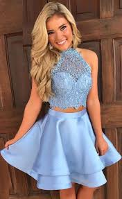 2 Piece Homecoming Dresses Halter Short Prom Dresses With High Neck Baby Blue Hom Lace Homecoming Dresses 2 Piece Homecoming Dresses Two Piece Homecoming Dress