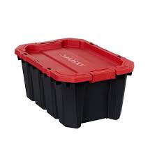 Heavy duty storage bins with lids. Husky 56 7l Capacity Latch And Stack Tote In Black And Red The Home Depot Canada