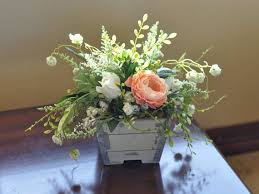 Wildflower Looking Wispy Greenery Peach Ranunculus Cream Roses Faux Floral Arrangement In Wood Plant Faux Floral Arrangement Faux Flowers Floral Arrangements
