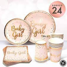 Amazon Com Sweet Baby Co Baby Shower Plates And Napkins Girl For 24 With Rose Gold Pink Paper Baby Shower Plates Rose Gold Baby Shower Baby Shower Tableware