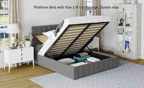 Amazon Com Queen Upholstered Platform Bed Underneath Storage Wooden Bed Frame With Hydraulic Storage System Platform Bed Frame With Gas Lift Up Storage Headboard For Bedroom Grey Home Kitchen
