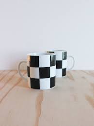 Black And White Checkered Coffee Mugs Sale Pair Of Black White Checkered Mugs Japan Mugs Black And White Checkered