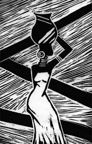 Black And White African Art Linocut Print Of An African Woman Carrying A Bottle On Her Head African Art Paintings African Paintings African Women Art