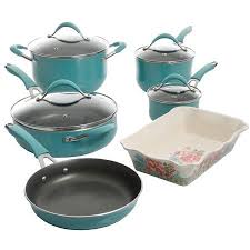 The Pioneer Woman Frontier Speckle 10 Piece Cookware Set Turquoise Walmart Com Pioneer Woman Cookware Cookware Set Pioneer Woman Kitchen
