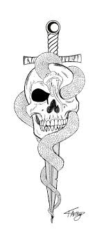 Black outline skull with snake tattoo design. Snake And Dagger Tattoo Drawing Novocom Top