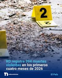 Las autoridades dominicanas informaron este lunes que 394 personas murieron de manera violenta en los primeros cuatro meses de 2026, 117 de ellas a causa de la delincuencia común y organizada, entre