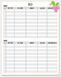 Instant Download Printable Bill Chart Checklist Monthly