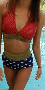 Wonder Woman Cosplay Two Piece High Waisted Made To Measure Etsy In 2021 Women Swimsuits Womens Swimsuits Bikini Swimsuits