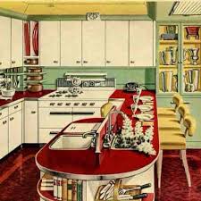 mint green and red vintage kitchen