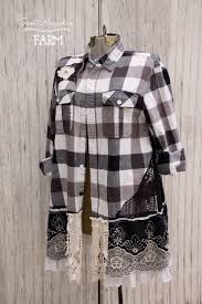 Black And White Buffalo Plaid Shirt Mens Farm Girl Fancies Upcycled Flannel Shirt Jacket Tunic Black And White Buffalo Check With Embroidered Lace Bottom Upcycle Clothes Refashion Clothes Clothes