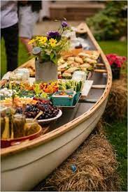 Wow Very Creative Canoe Boat Rustic Style Buffet Table Setting Wedding Food Bars Outdoor Buffet Wedding Buffet