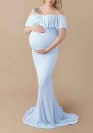 Light Blue Ruffle Draped Off Shoulder Boat Neck Elegant Maternity Maxi Dress Maternity Dresses Women S Maternity