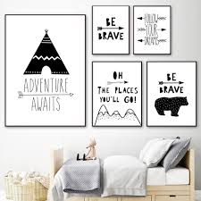 Mural lukisan dinding hitam putih di kafe restoran. Tent Bear Arrow Brave Quotes Wall Art Canvas Painting Nordic Posters And Prints Black White Wall Picture Baby Kids Room Decor Nordic Wall Canvas Home And Decoration