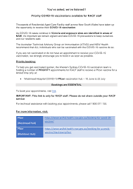 Vaccination information for people with a disability, carers, volunteers and. Https Wentwest Com Au Wp Content Uploads Health Alerts Covid 19 Wslhd 20210609 Covid 19 Vaccination Racf Staff Letter V4 Pdf