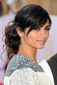 Easy Black Updo With Side Swept Bangs For Long Hair From Camila Alves Hairstyles Weekly Long Hair With Bangs Long Hair Updo Easy Updo Hairstyles