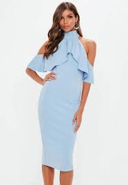 Missguided Blue High Neck Frill Cold Shoulder Midi Dress