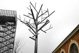 Recycled Steel Tree Sculptures Make With Spray Painted Pvc Anchored Into Planters Metal Tree Wall Art Tree Sculpture Tree Art Diy
