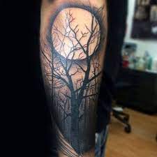 Shaded Moon Tree Sleeve Forest Tattoo On Mans Forearm Tree Sleeve Tattoo Tattoo Sleeve Designs Tree Sleeve