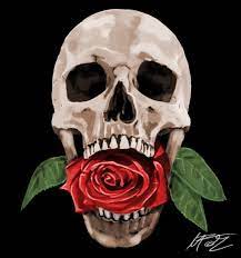 Still life with human skull with red rose in the mouth place beside of yellow candle on the log. Marius Folz Skullrose