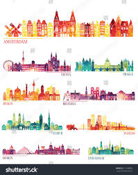 stock vector skyline detailed silhouette set amsterdam vienna prague berlin brussels zurich warsaw amsterdam illustration skyline illustration city silhouette