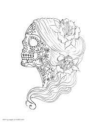 (based on keywords) color this scary skull, surrounded by pumpkins, with in background : Adult Coloring Pages Sugar Skulls Coloring Pages Printable Com