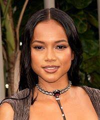 Chanel Iman Long Straight Black Hairstyle with Side Swept Bangs