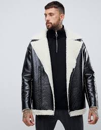 Asos Design Oversized Faux Shearling In Vinyl In Black Asos Leather Jeans Men Faux Shearling Jacket Shearling Jacket