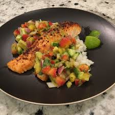 Chile Lime Salmon With Coconut Nice Rice And Mango Salsa Cece On The Go