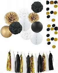 Whether you are celebrating a birthday, anniversary, graduation, or if you just want to host a dinner party for you and your friends, black and white parties are a fun way to include your guests in the party experience. Kubert Mixed Gold Black White Party Decor Kit Paper Lantern Paper Honeycomb Balls Tissue Pom Poms Flower Themed Party Hanging Decoration Favor For Birthday Wedding Christening New Year S Amazon In Office Products