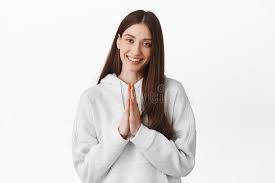 Thank You Namaste. Glad Cheerful Positive Asian Blond Girl Press Palms Together Pray Supplication Gesture Smiling Stock Image - Image of asian, face: 158521297