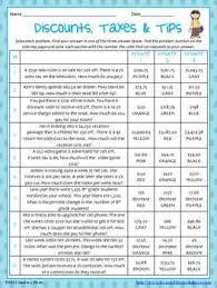 Percent Discount Taxes And Tips Coloring Worksheet Consumer Math Seventh Grade Math Money Math