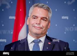 Oslo 20230927.Austrian Chancellor Karl Nehammer at the press conference  after the working lunch with Norway´s Prime Minister Jonas Gahr Stoere in  the Norwegian government's representation facility in Parkveien in Oslo,  Norway Sept.