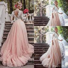 Discount Western Country Garden Long Sleeves Wedding Dresses Backless V Neck Lace Blush Tulle A Line 2020 Plus Size Bridal Gowns Vintage Bohimian A Line Lace We Long Sleeve Wedding Dress