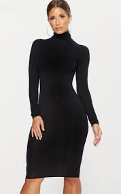 Basic Black Roll Neck Midi Dress Basic Black Dress Black Dresses Classy Turtle Neck Dress