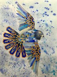 Feather Harmony Original Watercolor Painting Geometrical Art Arap Sanati Kus Sanat Kutsal Geometri