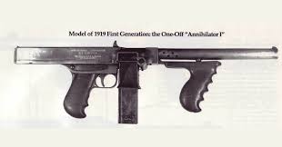Kahr Firearms Group - One of the very first prototypes of the Thompson Submachinegun, the "Annihilator" variant would receive a rear sight and a buttstock before full production. Bet this one was