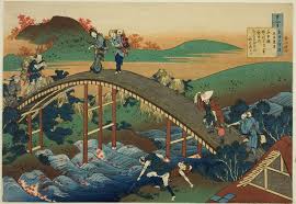 Katsushika Hokusai People Crossing An Arched Bridge Ariwara No Narihira From The Series One Hundred Japanese Woodblock Printing Katsushika Hokusai Hokusai