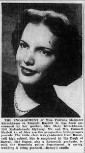 Engagement announcement of Patricia Margaret Kirschbaum to Emmet Hazlett,  Jr., 1950
