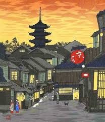 Glow Of Sunset In Gion Shimogawara Woodcut By Tomikichiro Tokuriki Japanese Art Styles Japan Painting Japanese Prints