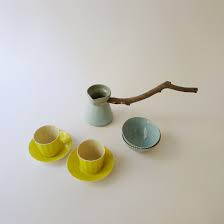 Cezve The Porcelain Turkish Coffee Pot In Grey And Blue Glaze With Garbo Coffee Cups In Yellow Glaze And Grey And Blue Nuts Bowls With Pinked Rim From