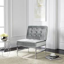 The solid rubber wood frame showcases tapered and splayed legs with flared arms in true '60s style. Ansel Modern Tufted Linen Chrome Accent Chair In Light Grey Safavieh Fox6268c