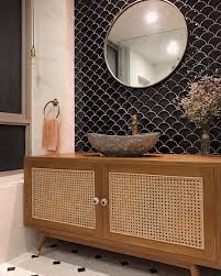 All wood luxury cabinets at an affordable price! Second Charm On Instagram Our Rattan Vanity In Angeline And Albert S Lovely Bathroom So Many Textures To Take In Rattan Vanity Round Mirror Bathroom