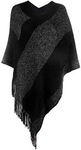 Women S Elegant Knitted Shawl Poncho With Fringed V Neck Striped Sweater Pullover Cape Gifts For Wome Womens Poncho Sweaters Stripe Sweater Knit Poncho Sweater