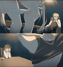 you niao, player character (degrees of lewdity), wren (degrees of lewdity), degrees  of lewdity, 2koma, black vest, blonde hair, blush, comic, covering face,  desk, embarrassed, panties, panties around leg, pants, sitting, strip game,  strip poker, table, underwear ...