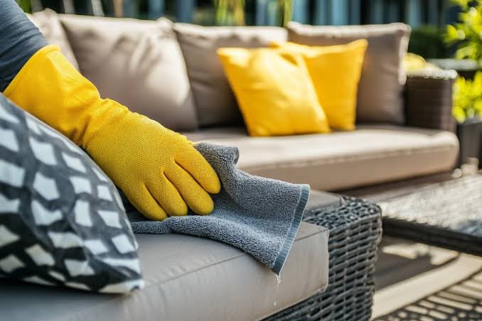 Cleaning garden sofa cushions with a soft brush