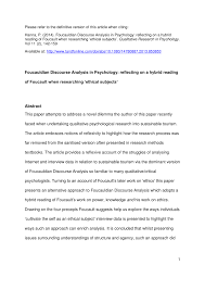 Critique of a qualitative research article (see attached) utilize research protocols in defining, researching, analyzing and synthesizing appropriate scholarly research within the topic/issue selected. Pdf Foucauldian Discourse Analysis In Psychology Reflecting On A Hybrid Reading Of Foucault When Researching Ethical Subjects