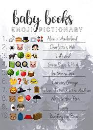 I have made these games with various beautiful graphics, themes, and color combinations. Baby Shower Emoji Pictionary Game With Answer Key Children S Book Titles Guessing Game With Blue Forest Trees Background In 2021 Emoji Emoji Quiz Guess The Movie