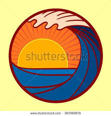 Vector Seascape Illustration Summer Sea With Big Wave And Sun Going Down At Sunset Logo In A Circle Sunset Logo Surf Logo Surf Poster