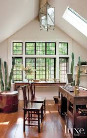 White Contemporary Home Office With Vaulted Ceiling So Much Light From Those Beautiful Windows Home Contemporary Home Office Barn Style