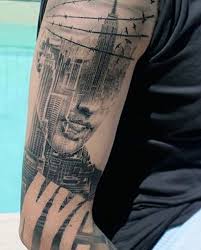 Big city body art, laurel, maryland. Great Combined Womans Portrait With Big American City Tattoo On Arm Tattooimages Biz